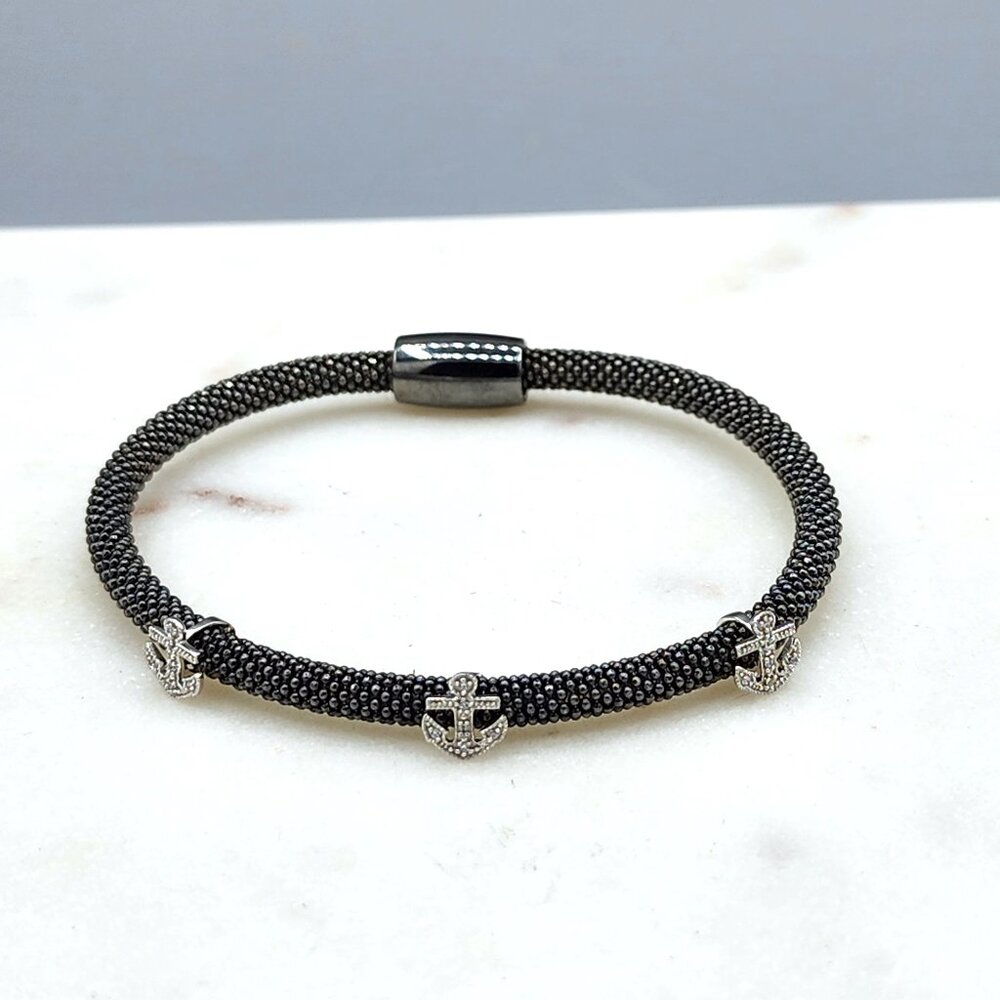 Italian 925 Sterling Silver Black Mesh Anchor Charm Bracelet 3 Stations 7"